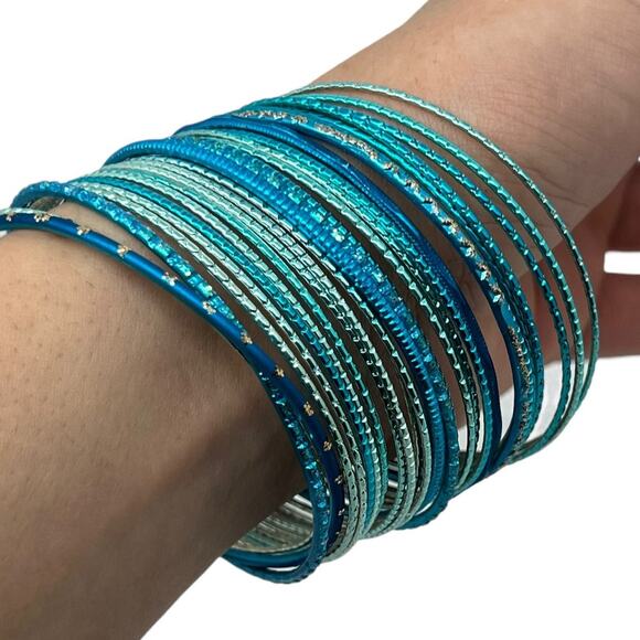 Blue Sparkle Bangle Bracelet Set – 8" Circumference - Picture 1 of 6